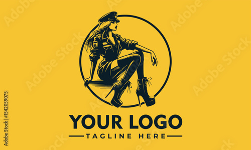 Stylish woman in military-inspired attire, seated, logo design.