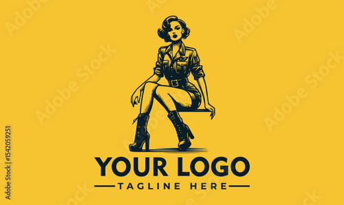 Stylish retro woman in military-style attire sits confidently, posing for a logo design.