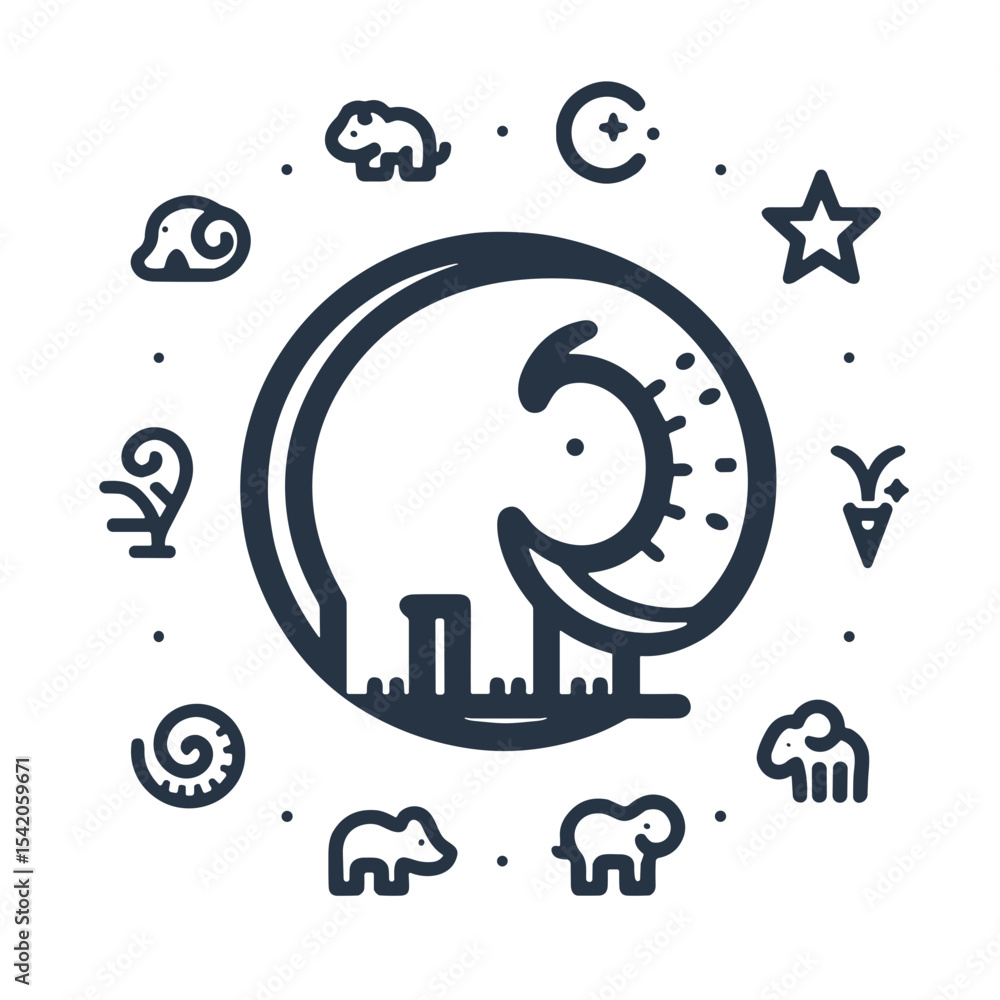 Fototapeta premium Stylized elephant illustration with nature and animal icons surrounding 