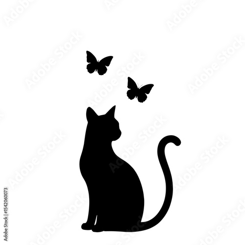 Black Cat Silhouette Sitting Looking Up at Butterflies Minimalist Animal Vector Graphic Design Element Illustration Logo Scalable