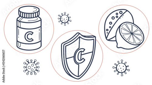 Illustration of vitamin c bottle, lemon, shield, and viruses in a circular arrangement on a white background