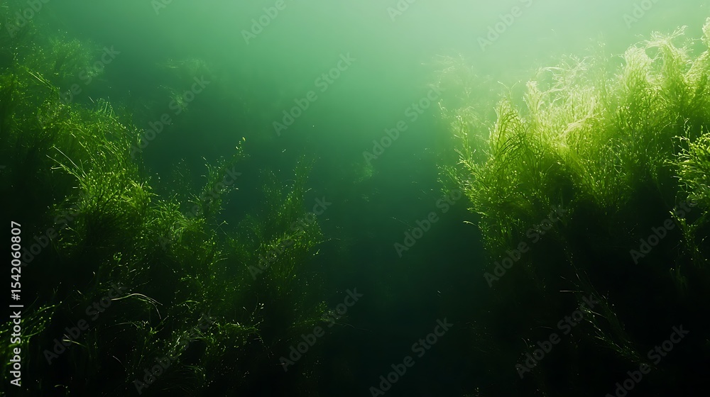 Underwater seaweed garden with vibrant green algae and sun rays filtering through water Underwater seaweed garden with vibrant green algae and sun rays filtering through water