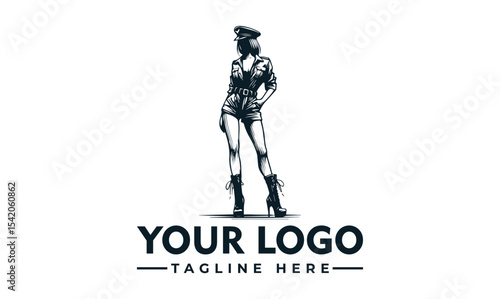 A stylized illustration of a woman in a military-inspired outfit, posing confidently.