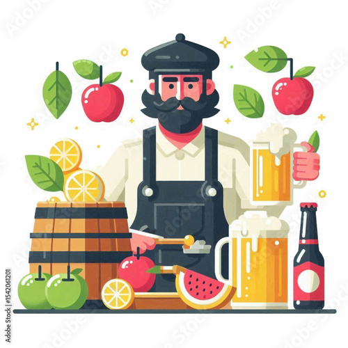Bearded man in apron amidst fruits barrel beers in graphic style