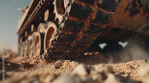 Extreme close-up of rusted main battle tank tread in desert with sand dust and harsh sunlight shadows, hyper-detailed mechanical texture showing wear and decay.

