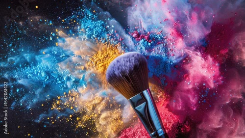 A dramatic and vibrant depiction of a makeup brush bursting with colorful cosmetics, symbolizing creativity and inventiveness in beauty products.