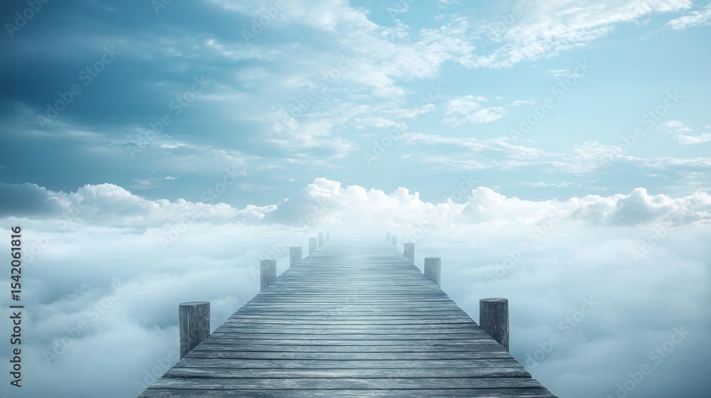 Obraz premium A wooden pier extending into the clouds with a blue sky in the background.