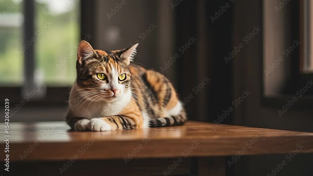 Calico Cat Relaxing on a Wooden Table Indoors with Natural Light Near a Window Calico Cat Relaxing on a Wooden Table Indoors with Natural Light Near a Window