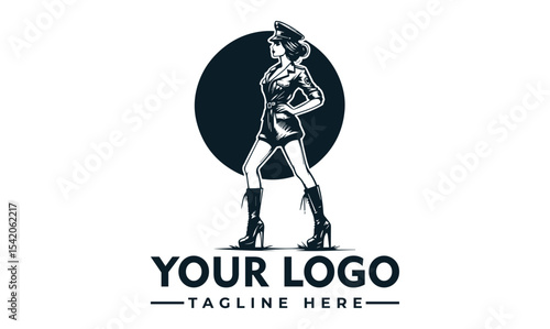 Stylish female figure in military-style uniform, logo design.