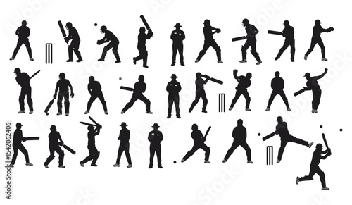 A Comprehensive Collection of Batsmen, Bowlers, and Fielders in Various Action Poses, Capturing the Game's Spirit