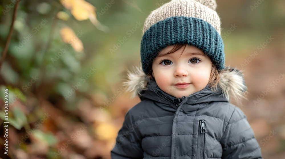 A young child wearing a knitted hat and a coat, standing in a forest with autumn leaves. A young child wearing a knitted hat and a coat, standing in a forest with autumn leaves.
