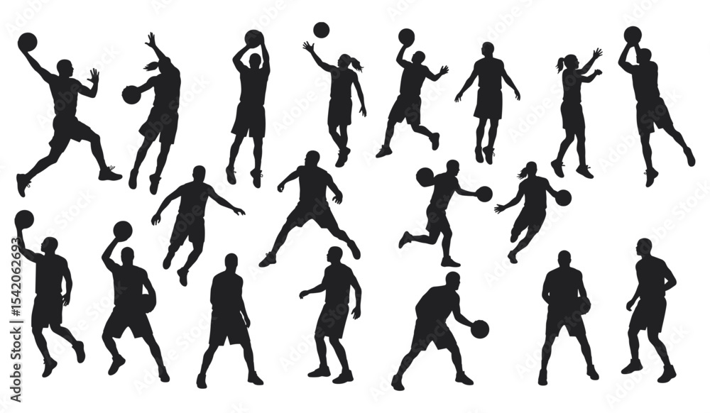 A Diverse Collection of Athletes in Action Poses, Featuring Shooting, Dribbling, and Jumping Movements A Diverse Collection of Athletes in Action Poses, Featuring Shooting, Dribbling, and Jumping Movements