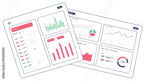 Illustration of two dashboards displaying various types of data visualizations and key performance indicators