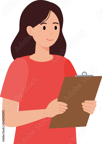 Woman holding clipboard ready for survey. Volunteer collecting data or social worker giving interview. Modern illustration.