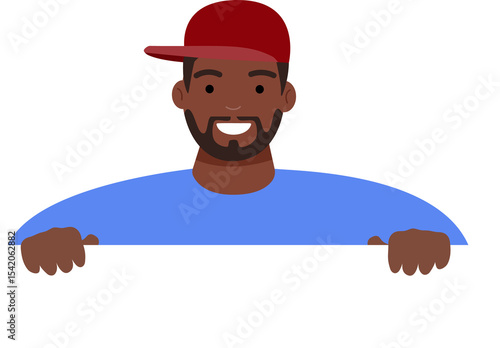 African american man with red cap peeking a blank white banner with smile. Character holding empty board for advertisement and copy space.