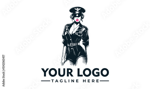 Stylish woman in military-inspired uniform, logo design.