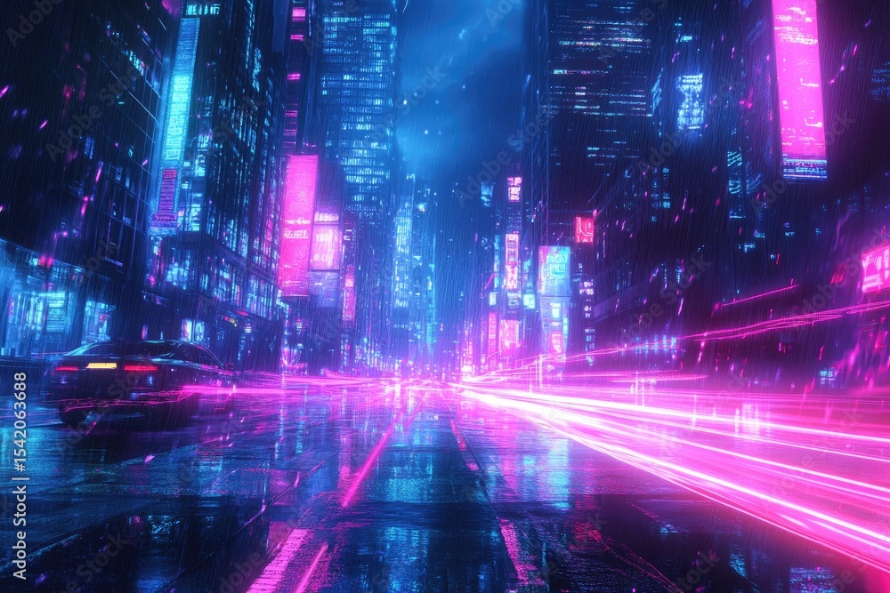 Fototapeta premium Futuristic city street at night, vibrant neon lights, wet asphalt, motion blur