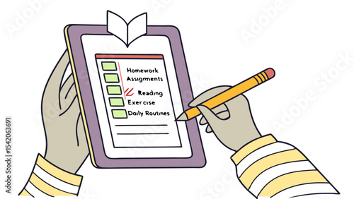 Person completing a checklist with homework assignments reading exercise and daily routines on a clipboard