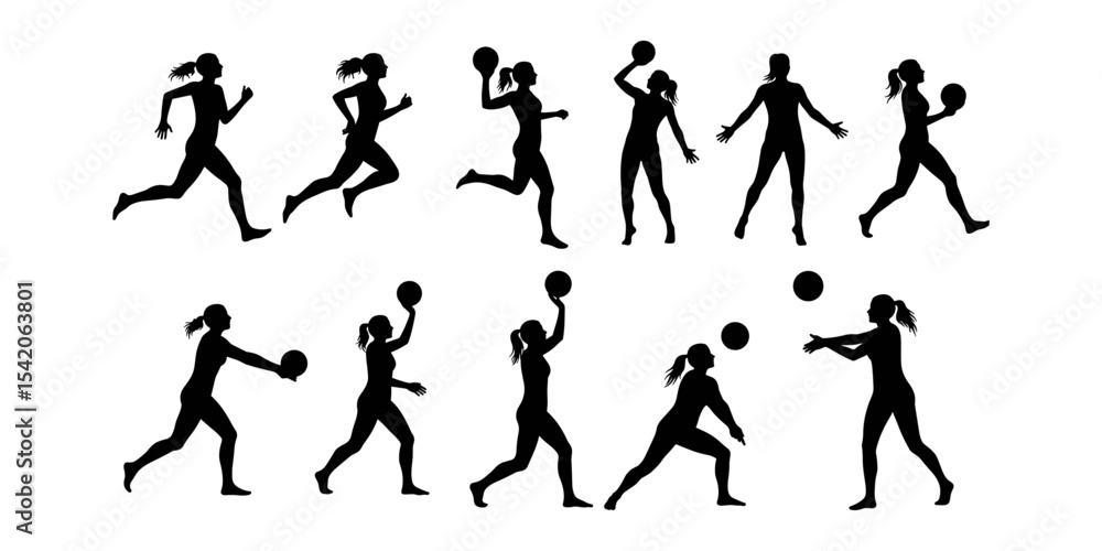 Dynamic Collection of Female Athlete Silhouettes in Various Sports Poses – Running, Throwing, and Playing with Balls, Ideal for Fitness and Sportswear Designs Dynamic Collection of Female Athlete Silhouettes in Various Sports Poses – Running, Throwing, and Playing with Balls, Ideal for Fitness and Sportswear Designs