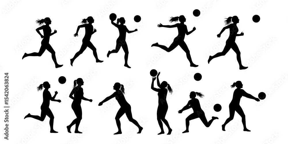 Dynamic Collection of Female Athlete Silhouettes in Motion with Balls – Illustrating Various Sports, Running, and Play for Active Lifestyle and Fitness Designs Dynamic Collection of Female Athlete Silhouettes in Motion with Balls – Illustrating Various Sports, Running, and Play for Active Lifestyle and Fitness Designs