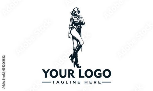 Elegant monochrome illustration of a woman, posed, with text below.