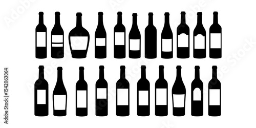 Sophisticated Collection of Diverse Wine Bottle Silhouettes with Blank Labels – Perfect for Branding, Mockups, and Beverage Industry Designs