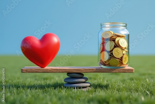 Balancing Heart and Jar of Coins on a Stone Scale Symbolizing Emotional Fulfillment and Financial Security in a Green Field