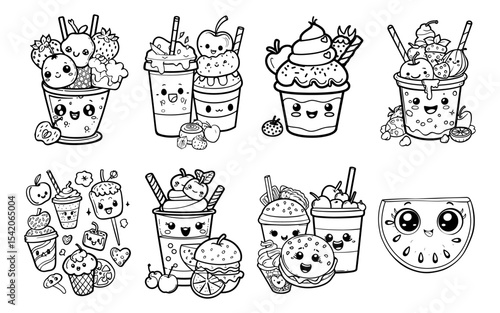 Black and white cartoon fruits and desserts with cute expressive faces