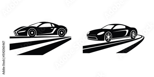 Creative Low Angle Silhouette of a Sporty Sports Car Gliding Along a Highway on White Background