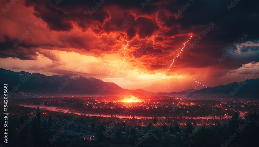 Fototapeta premium Fiery storm over a city. Crimson clouds, intense lightning, and a dramatic sunset above a town nestled in a valley