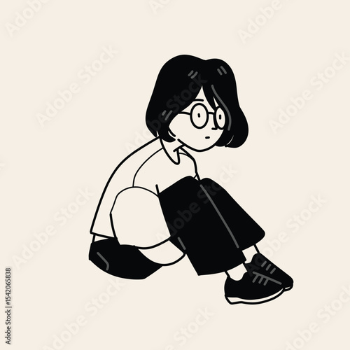 Thoughtful Girl Illustration Minimalist Black and White Line Art