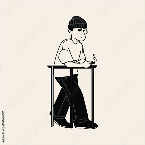 Contemplative Youth Line Art Illustration of a Person Smoking and Leaning on a Railing