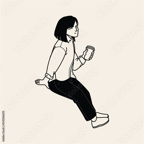 Stylish Line Art Illustration of a Person Sitting and Enjoying Coffee