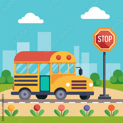 School bus waiting at a stop sign illustration
