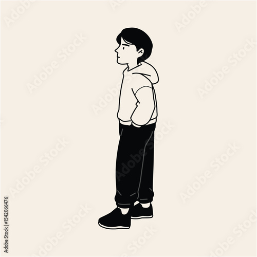 Contemplative Boy in Hoodie Simple Line Art Illustration