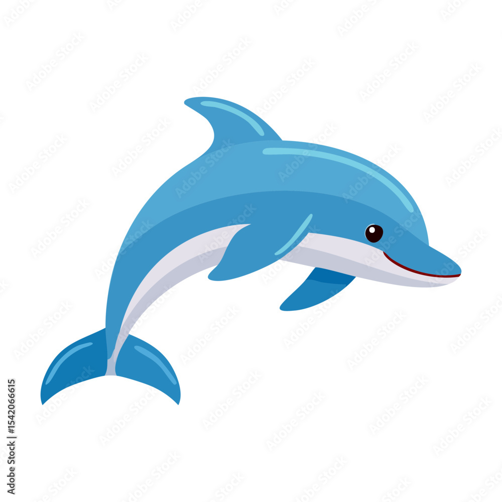 Fototapeta premium Cute cartoon dolphin leaping playfully in the water. Its vibrant blue body and cheerful expression evoke feelings of joy and freedom