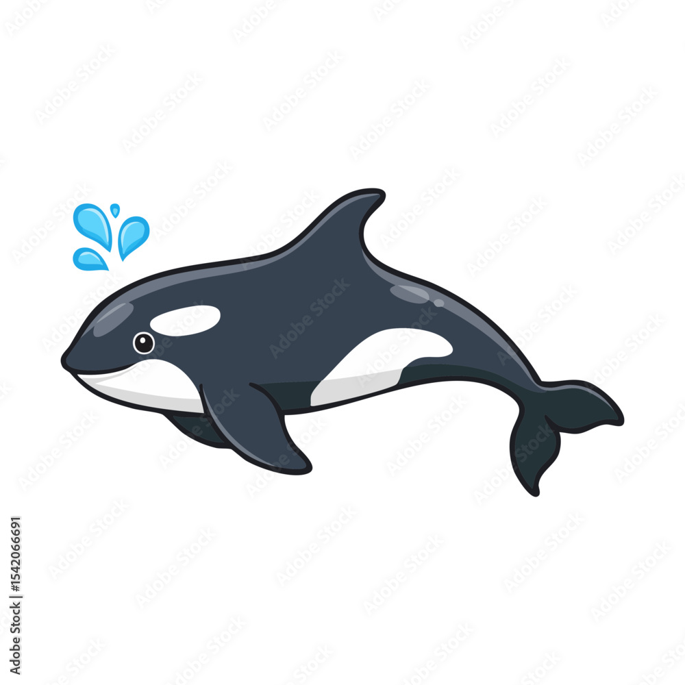 A playful orca whale swims through the ocean. This friendly cetacean has a striking black and white pattern, with a small water splash above its head. A true marvel of marine life. A playful orca whale swims through the ocean. This friendly cetacean has a striking black and white pattern, with a small water splash above its head. A true marvel of marine life.