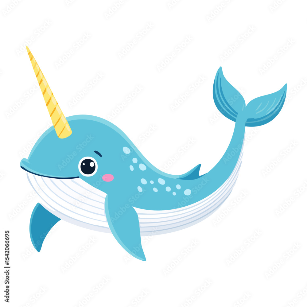 Fototapeta premium A charming narwhal, smiling, in a cartoonish style with a horn. The image is an illustration of a cute, friendly ocean animal, perfect for children and those who enjoy marine life. 