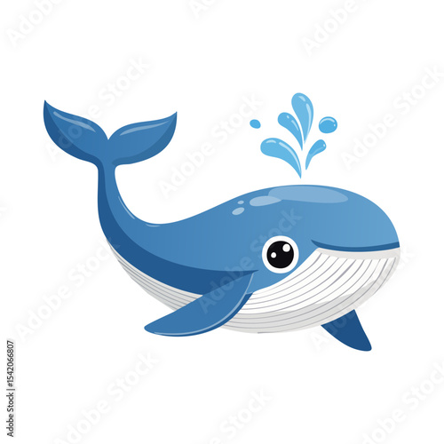 A cartoon illustration of a friendly blue whale playfully spouting water