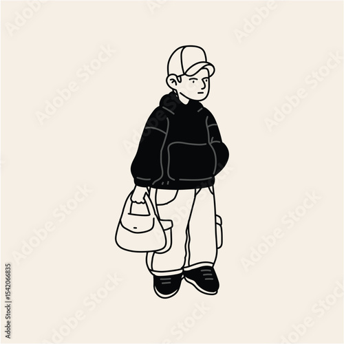 Stylish Kid in Hoodie and Cargo Pants Line Art Illustration