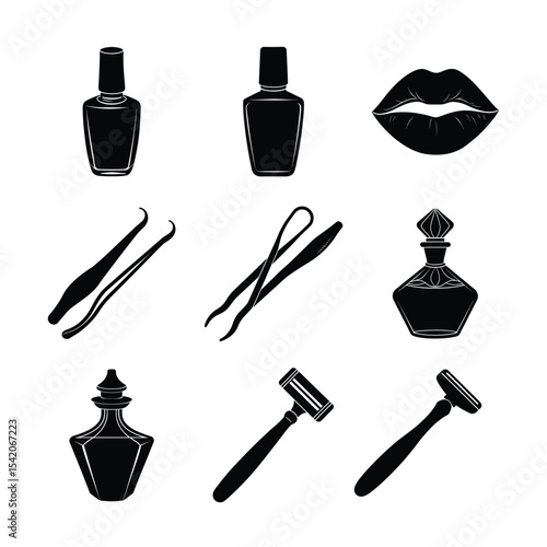 Hair and makeup salon items in creative icon set Silhouette Vector illustration