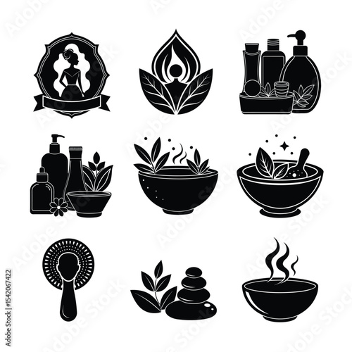 Exclusive beauty salon care tools and equipment icons Silhouette Vector illustration
