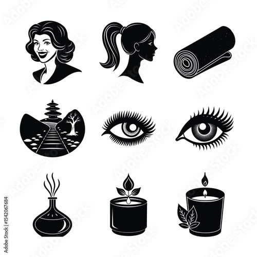 Cosmetic and beauty salon items collection in icons Silhouette Vector illustration