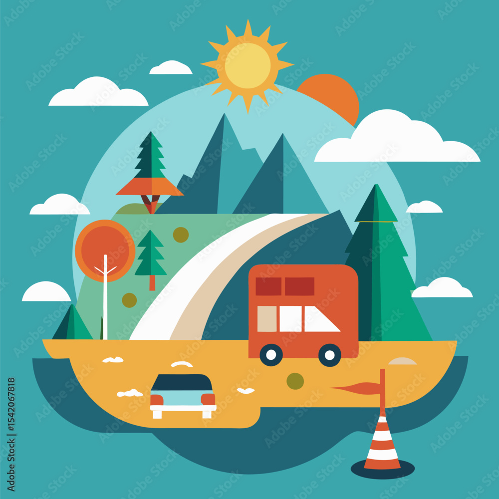 Fototapeta premium Summer vacation road trip concept illustration with car and travel icons