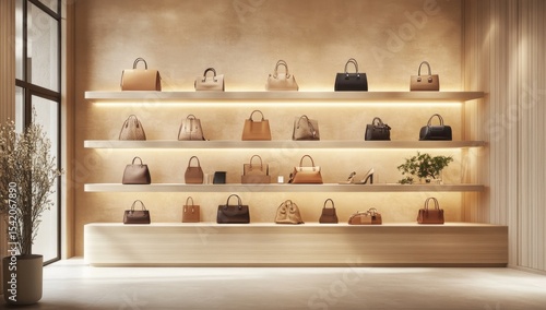 Beige and tan handbags displayed on light wood shelves in a modern boutique.  Soft lighting highlights the various styles.  A plant and high windows add a touch of nature