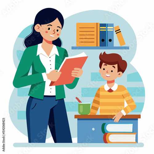 Teacher grading student papers at desk in classroom
