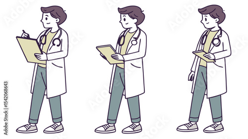 Three cartoon doctors in white coats with stethoscopes holding clipboards in a side view pose