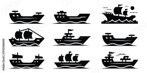 Minimalist Viking Drakkar Logo, Simple black silhouette vector of a historical Norse vessel on a White Background
