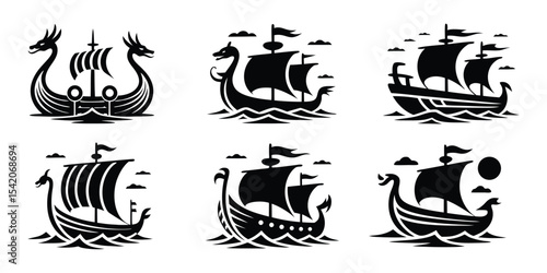 Minimalist Viking Drakkar Logo, Simple black silhouette vector of a historical Norse vessel on a White Background
