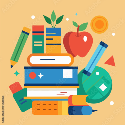 Stack of Textbooks Surrounded by Colorful School Supplies, Highlighting Education, Academic Study, and Back-to-School Preparations.